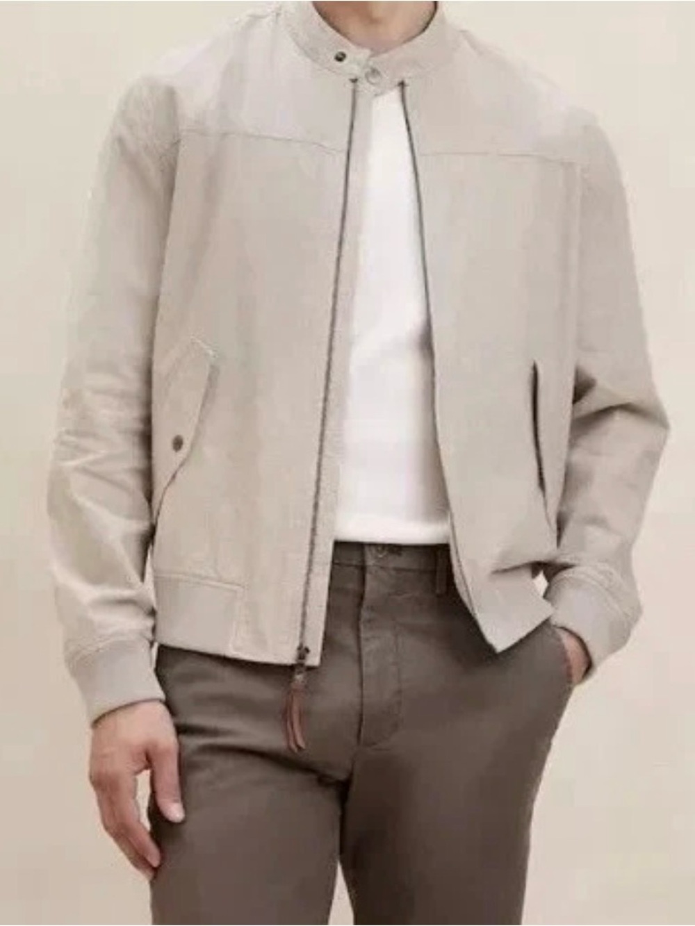Banana Republic Mens Linen Blend Bomber Jacket Large Sand Castle Tan Zip